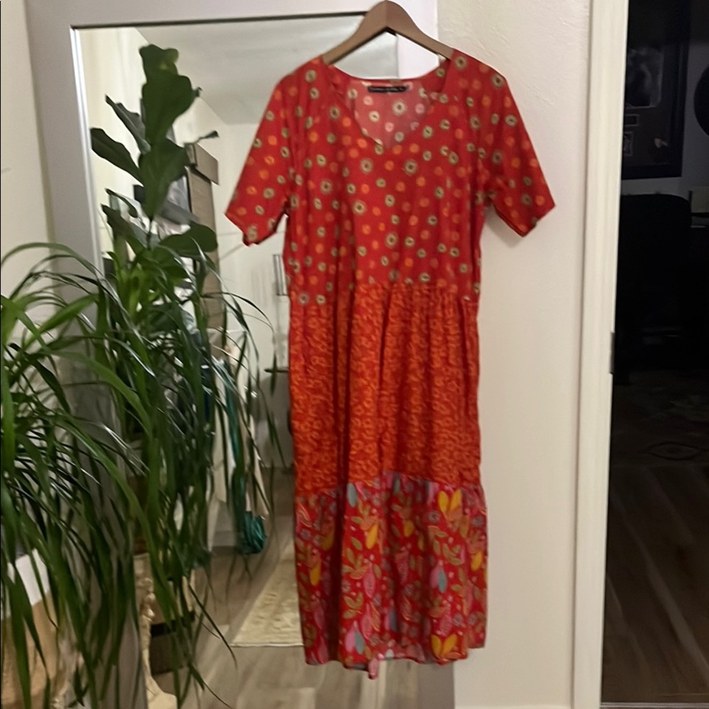 Gudrun Sjoden Orange Red Ruffled Tiered Midi Dress